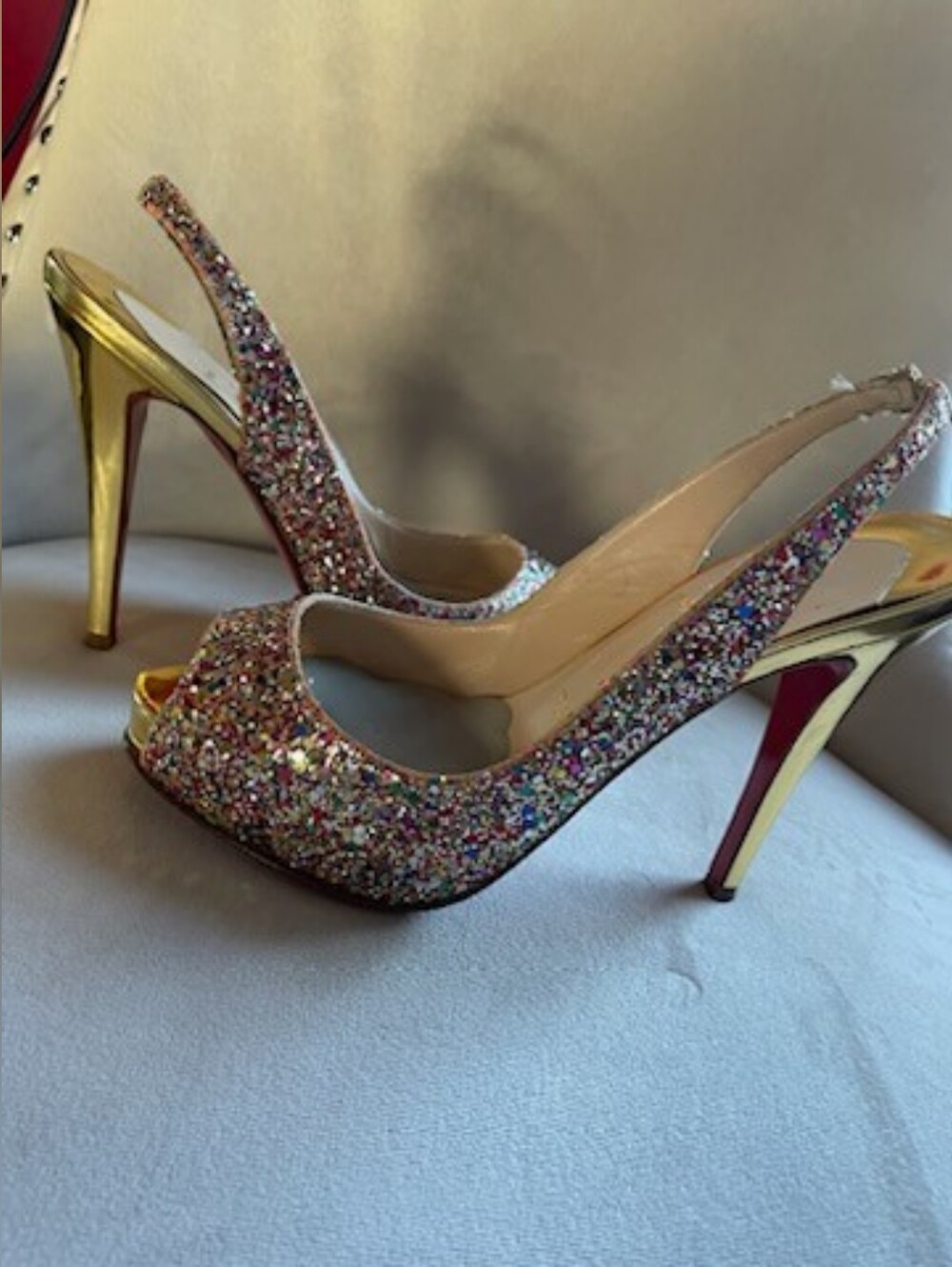 Louboutin Women's Multicolor Glitter Slingback Peep-Toe Heels